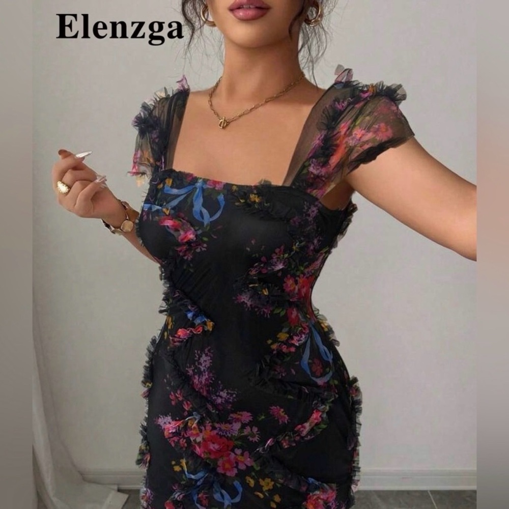 EUC Elenzga Black Floral Women's Midi Dress - Picture 5 of 5